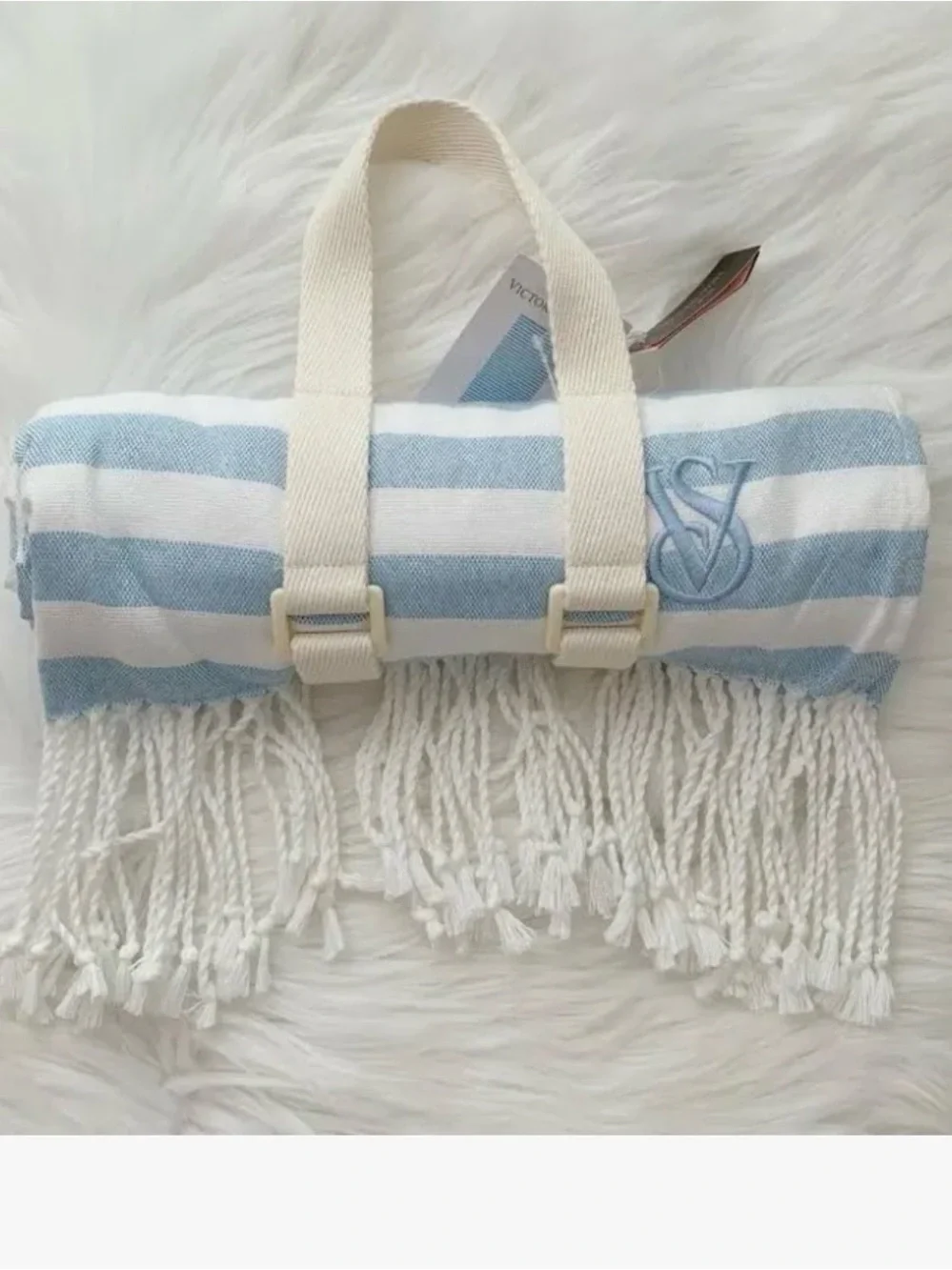 Victoria's Secret Light Blue & White Striped Beach Towel with Fringe